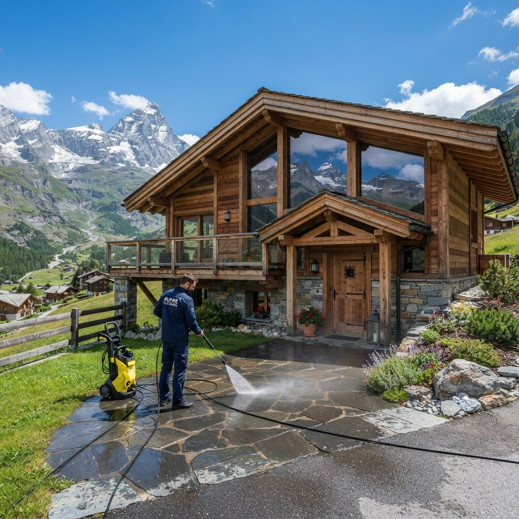 Nettoyage professionnel de l'entrée d'une maison suisse moderne en Valais